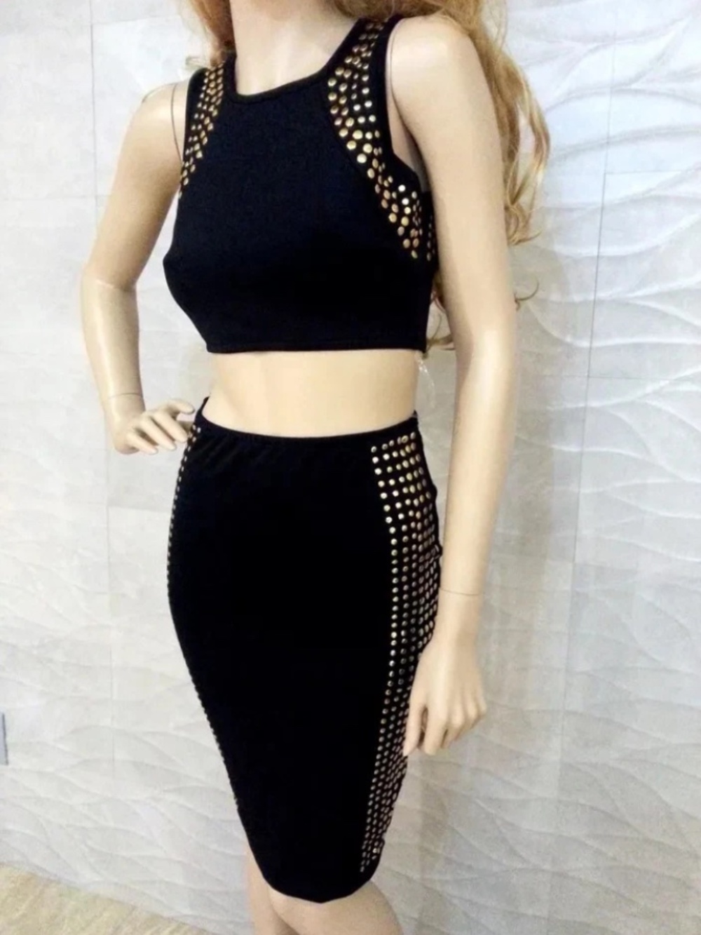 NWT bebe 2b Black Stud Crop Top Midi Cutout Waist Zipper Back Dress S Small